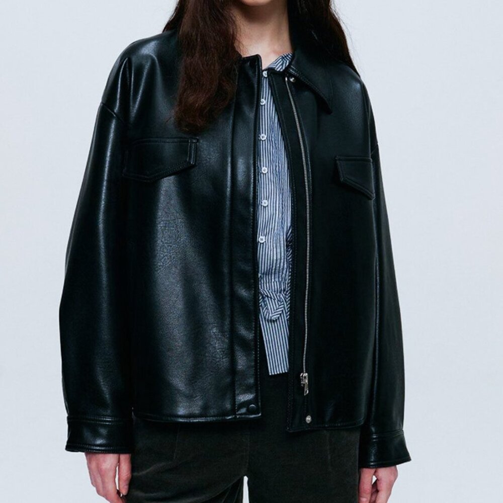 A.T Corner Faux Leather Shirt Jacket Shacket in Black